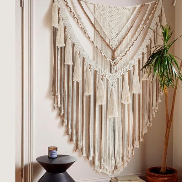 Boho Macrame Woven Brown Handmade Mid Century Modern Hanging Tassel Wall Decor - Picture 7 of 8